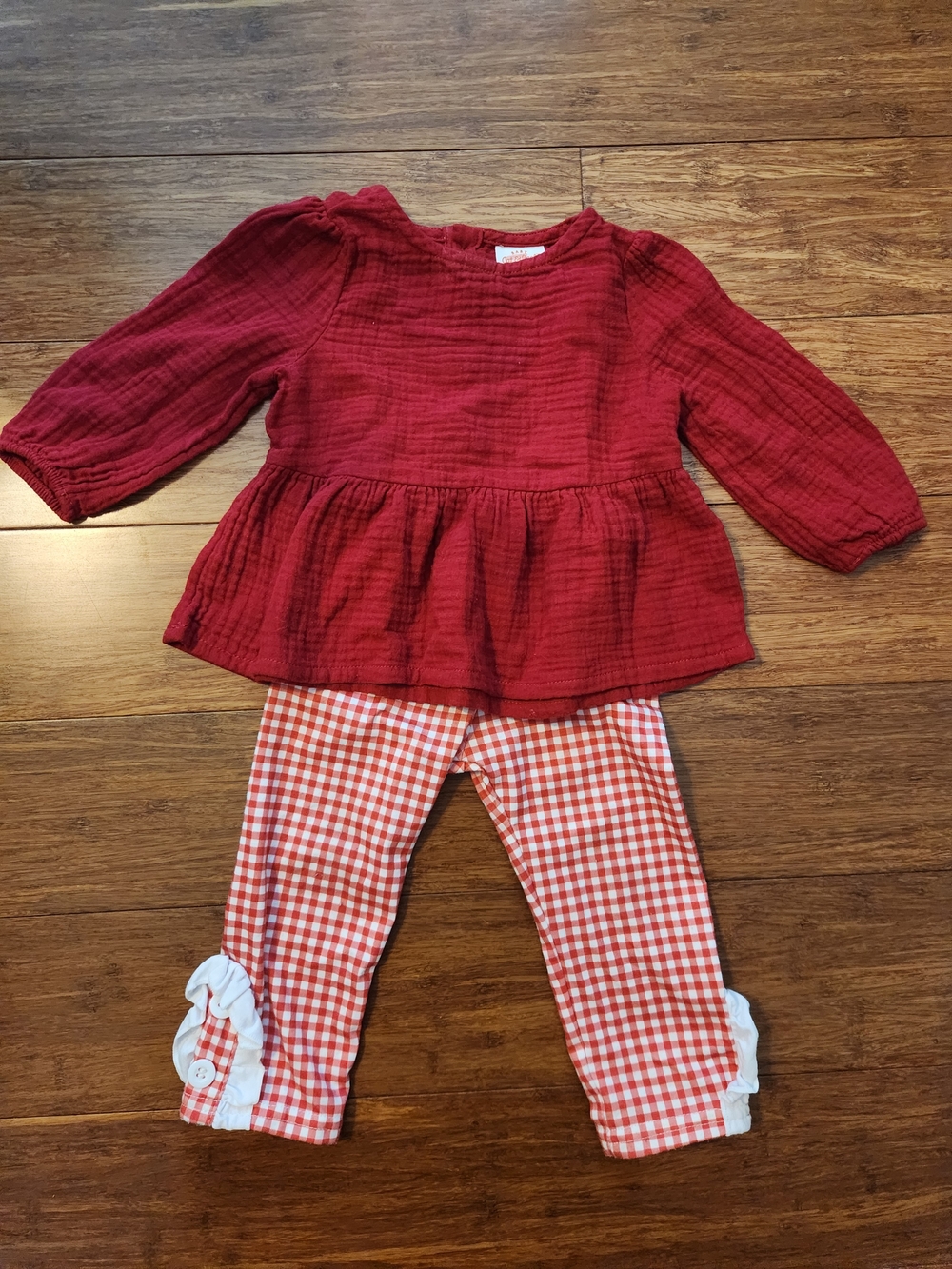 Girl's Red Long Sleeve Peplum Top & Gingham Leggings Pants Set, 6-9 Months